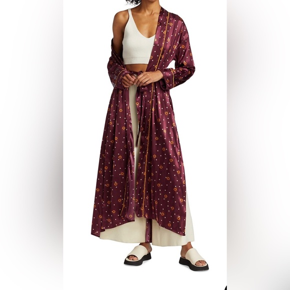 Free People Intimately Pajama Party Robe Wine Combo Long Silky Tie Sash - Picture 6 of 8